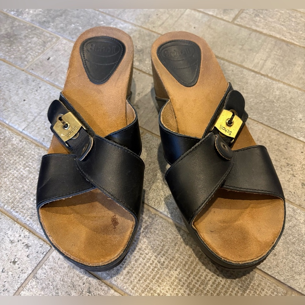 Scholl’s black leather cork platform sandals